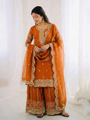 Captivating Orange Fendy Silk Embroidery Palazzo Suit