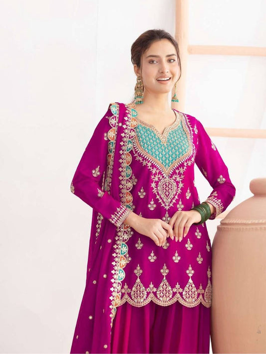 Stylish Chinon Silk Embroidery Work Sharara Suit
