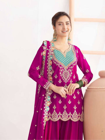 Stylish Chinon Silk Embroidery Work Sharara Suit