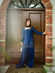 Stylish Blue Embroidery Sequence Work Sharara Suit