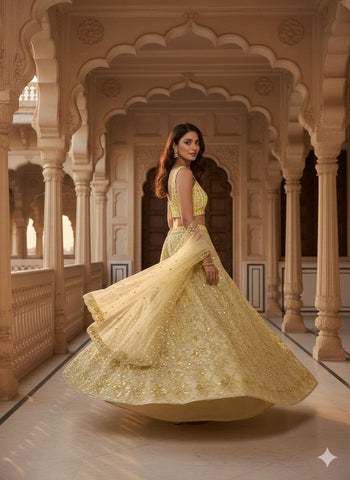 Captivating Yellow Butterfly Net Embroidery Work Lehenga