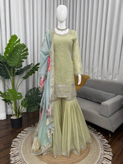 Adorable Pista Green Sequence Work Sharara Suit