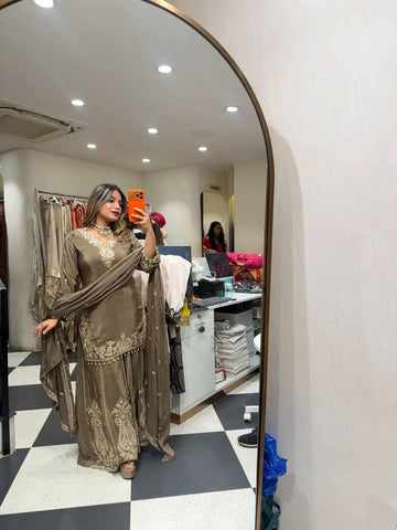 Stunning Brown Heavy Natural Crepe with Intricate Thread Work Sharara Suit