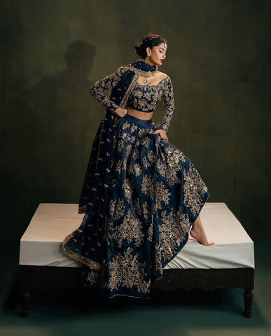 Wedding Navy Blue Polo Silk Zari Work Lehenga Choli