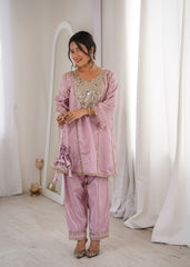 Innovative Pink Mirror Embroidery Kurti Set