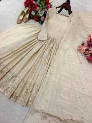 Amazing Beige Pure Cinon Silk with Sequin Work Gown