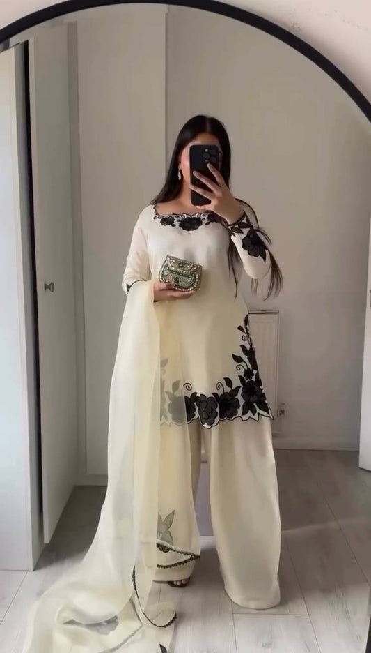 Imposing Cream Fendy Silk Thread Embroidered Kurti Set
