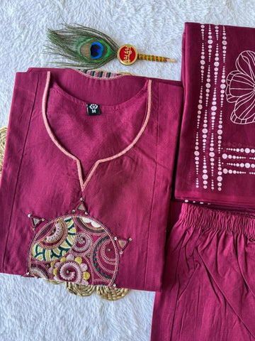 Alluring Burgundy Cotton Embroidery Work Kurti
