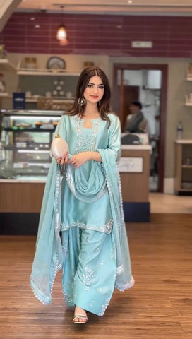 Exclusive Blue Silk Sequence Work Palazzo Suit