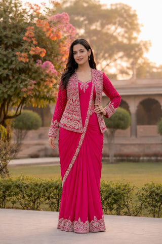 Exclusive Pink Heavy Crep Silk Embroidery Sequence Saree Set