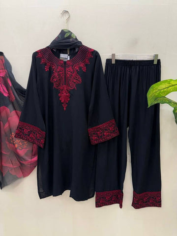 Lovely Black Rayon Cotton with Thread Work Sharara Suit