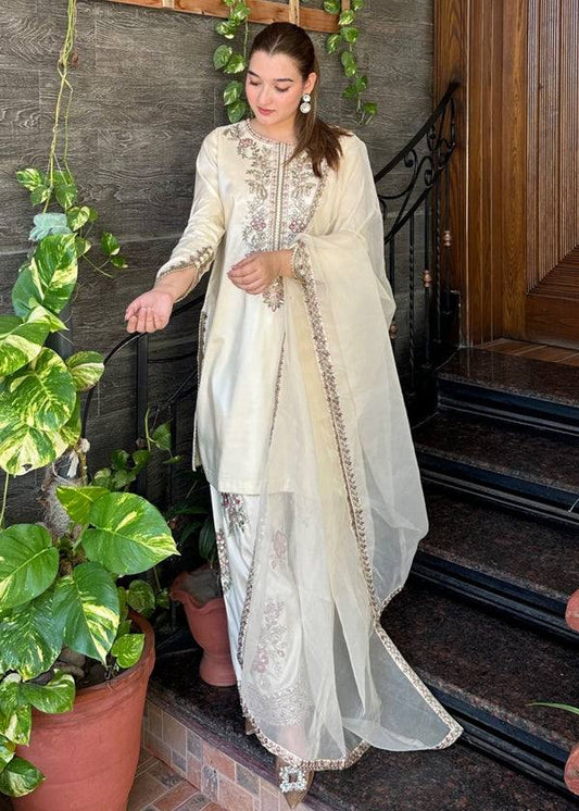 Elegant Cream French Crepe Embroidery Work Sharara Suit