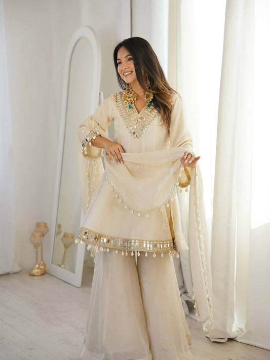 Exclusive Cream Tebby Organza Silk Real Mirror Work Sharara