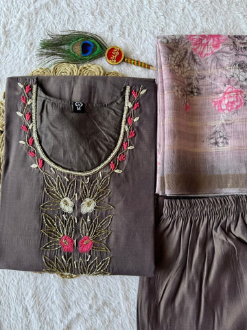 Stylish Grey Mul Chanderi Hand Work Suit