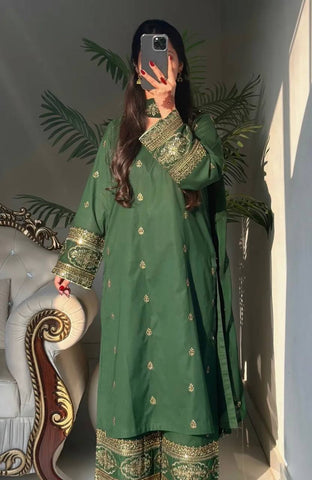 Lovely Green Crep Silk with Sequence Work Sharara Suit