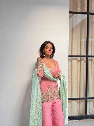 Stylish Pink Heavy Shimmer Silk with Embroidery Sequins Work Sharara Suit