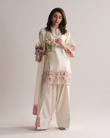 Exclusive Cream Silk with Moti Hand Work Sharara Suit