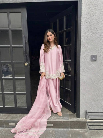 Elegant Pink Crepe Silk Embroidery Work Palazzo Suit