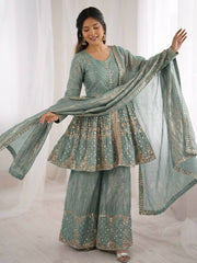 Amazing Green Fendy Silk Embroidery Sequence Work Palazzo Suit
