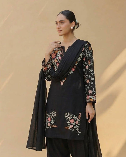 Stunning Black Heavy Roman Silk Embroidery Sharara Suit