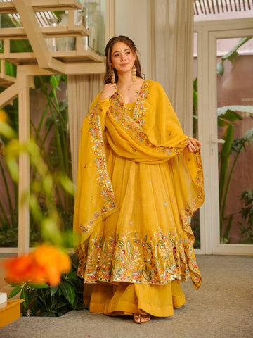 Mesmerizing Yellow Soft Silk with Sequins Embroidery Gown