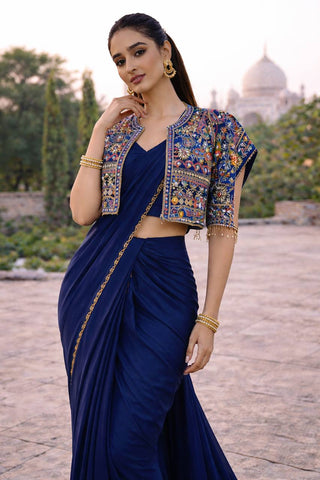 Amazing Blue Heavy Crepe Silk Embroidery Jacket With Saree