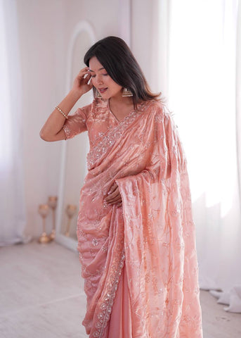 Opulent Peach Silk Saree with Beads Work