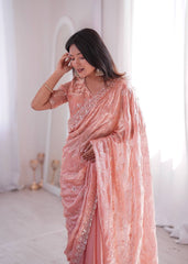 Opulent Peach Silk Saree with Beads Work