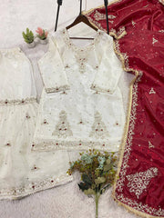 Lovely White Fandy Silk Sequence Embroidery Sharara Suit
