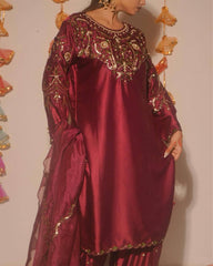Amazing Maroon Heavy Satin with Embroidery Work Sharara Suit