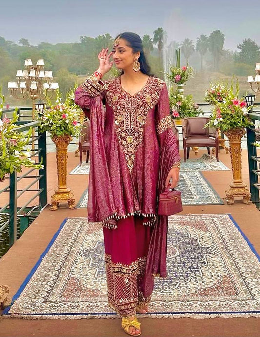 Amazing Pink Nylon Lining with Heavy Embroidery Sharara Suit