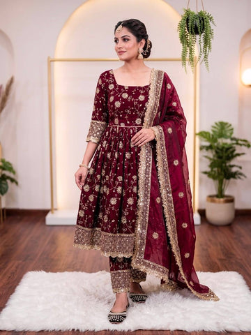 Stunning Maroon Heavy Fandy Silk Embroidery Work Gown