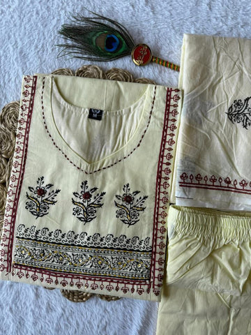 Exclusive Light Yellow Pure Cotton Hand Work Suit