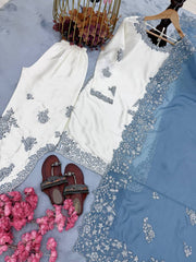 Blue Pure Roman Glass Sequence Work Palazzo Suit