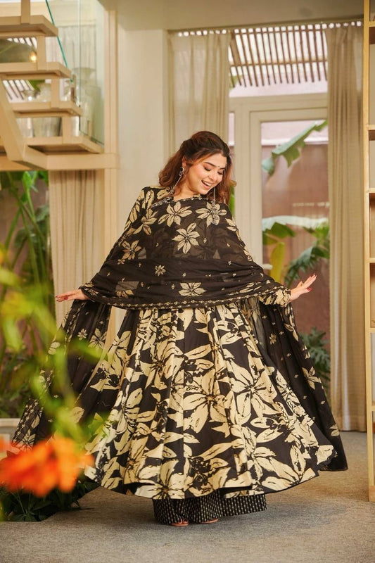 Awesome Black Maslin Cotton Digital Print Anarkali Suit