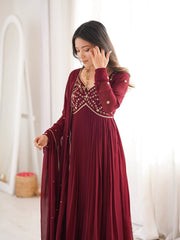 Lovely Maroon Faux Georgette Handwork Anarkali Suit