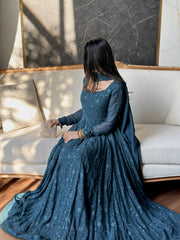 Amazing Teal Blue Georgette Silk Thread Embroidery Gown