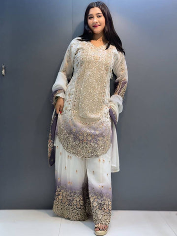 Fabulous White Georgette with Embroidery Work Palazzo Suit
