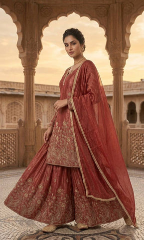 Pretty Maroon Heavy Crunchy Silk Embroidered Sharara Suit