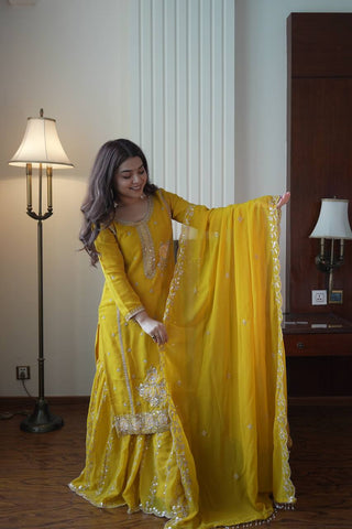 Yellow Fox Georgette Sequence Work Kurti Set