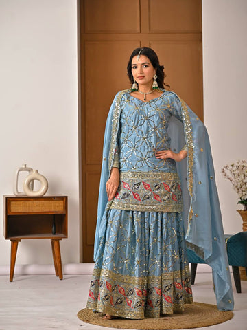 Exclusive Blue Heavy Chinnon Silk Sharara Suit