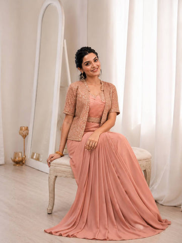 Exclusive Peach Heavy Crep Silk Embroidery Work Saree