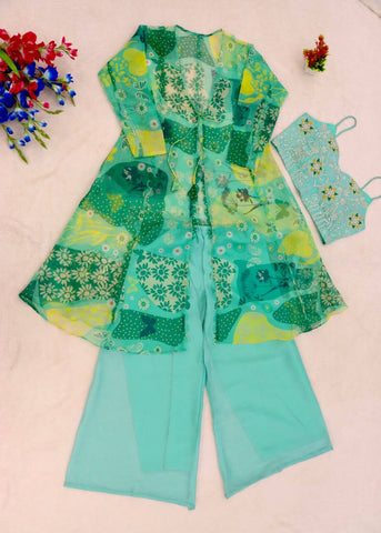 Lovely Green  Georgette Embroidery Work Sharara Suit