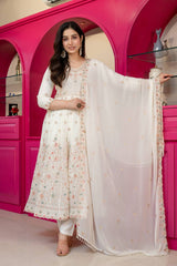 Elegant White Embroidered Work Anarkali Suit