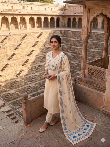 Cream Khadi Cotton with Sequence Work Sharara Suit