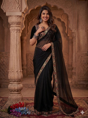 Exclusive Black Burberry Silk with Beads Work Saree