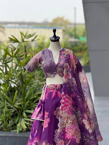 Shining Purple Organza Sequence Work Lehenga