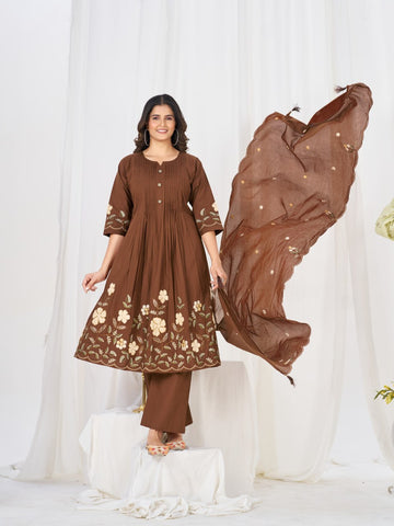Pretty Brown Pure Cotton Multi-Thread Embroidery Kurti