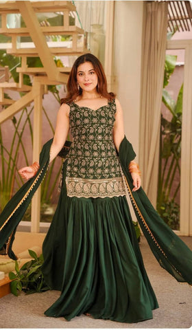 Green Faux Georgette Embroidery Sharara Suit