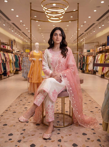 Amazing Peach Thread Work Palazzo Suit